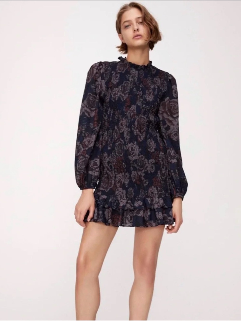 ZARA Floral Smocked Puff Sleeve Mini Dress Size S NWT